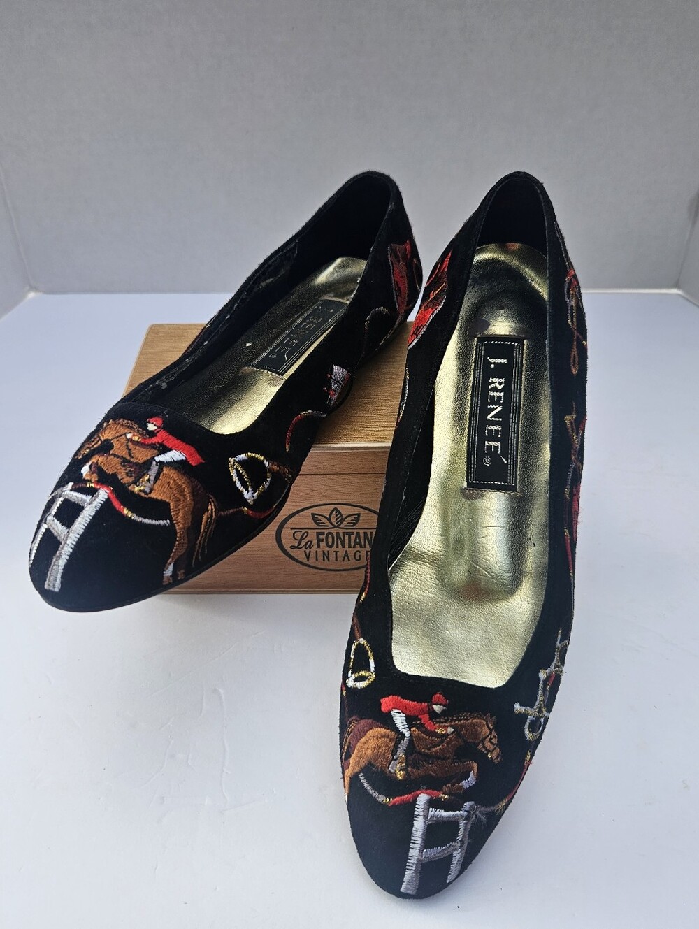 J.Renee Black Velvet Embroidered Equestrian Flats with Multicolor Stitching